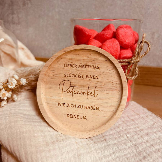 Vorratsglas "Glück... Patenonkel" die Geschenkidee für Patenonkel & Patentante | Geschenkglas mit graviertem Holzdeckel