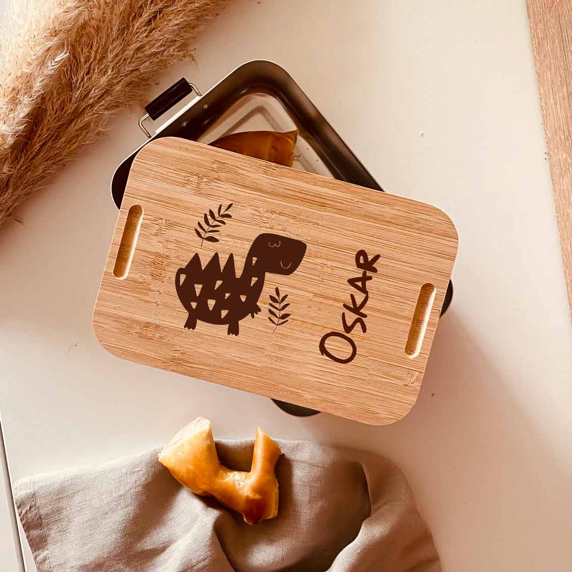 Lunchbox - Metalldose mit Bambusdeckel DINO