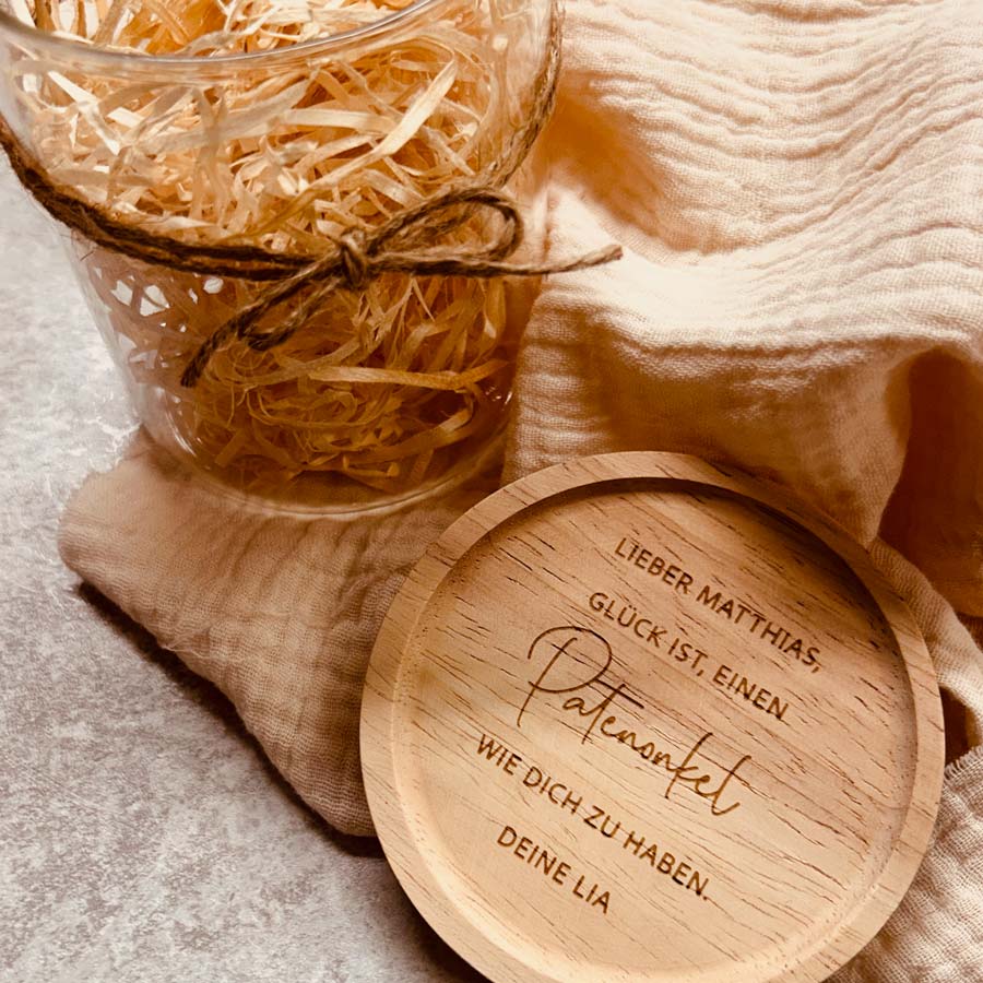 Vorratsglas "Glück... Patenonkel" die Geschenkidee für Patenonkel & Patentante | Geschenkglas mit graviertem Holzdeckel