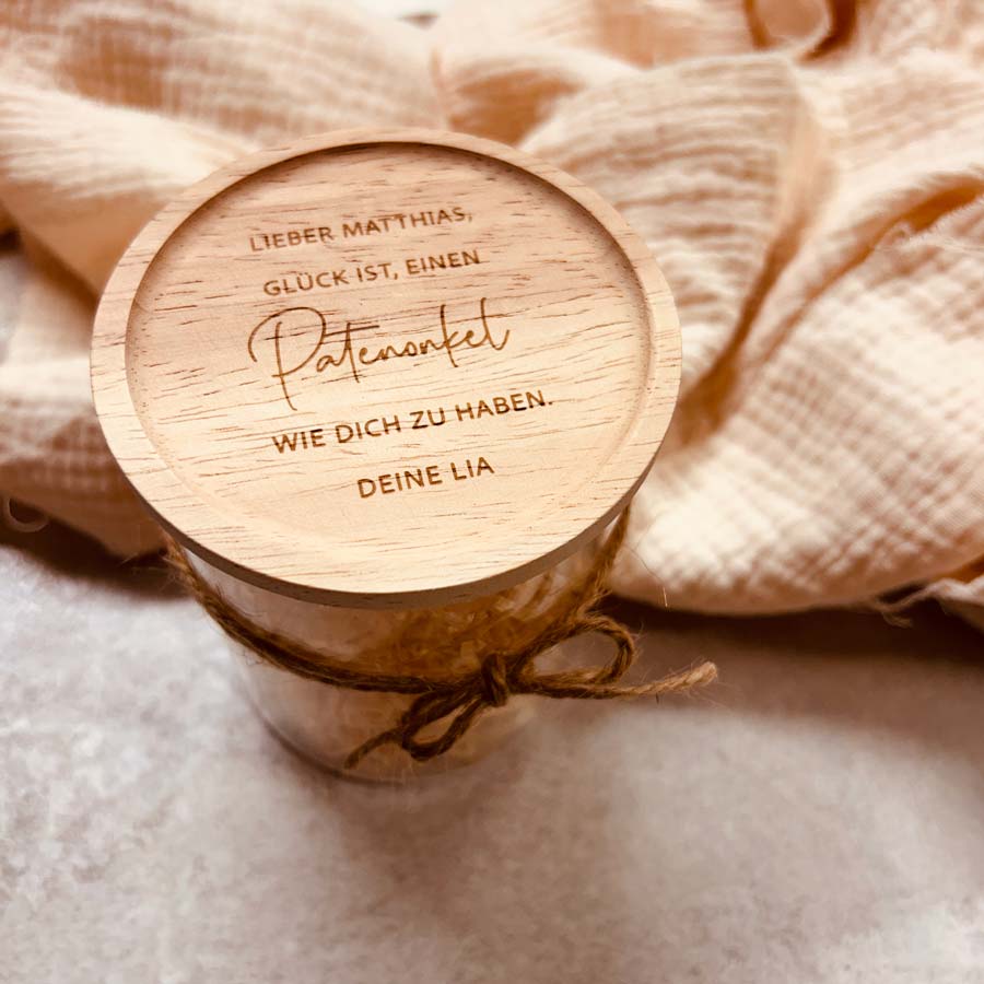 Vorratsglas "Glück... Patenonkel" die Geschenkidee für Patenonkel & Patentante | Geschenkglas mit graviertem Holzdeckel
